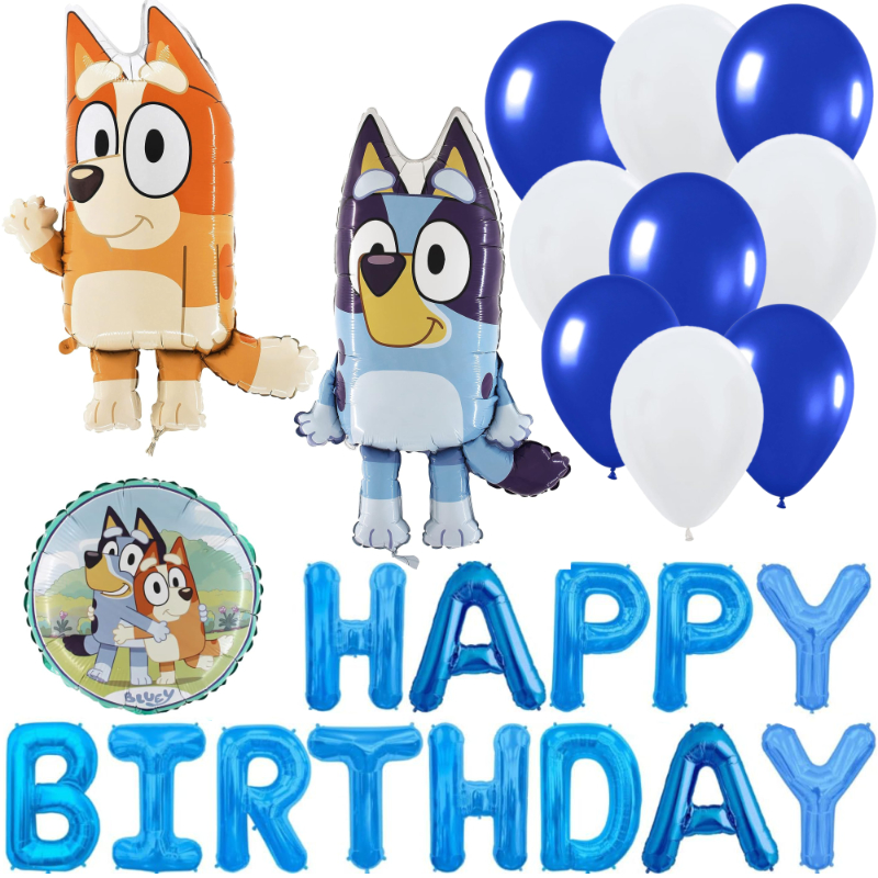 Bluey & Bingo Birthday Balloon Pack - 1 x 41cm (16") Happy Birthday Balloon Banner, 2 x 82cm (32") Character Balloons & 20 x Blue Latex Balloons