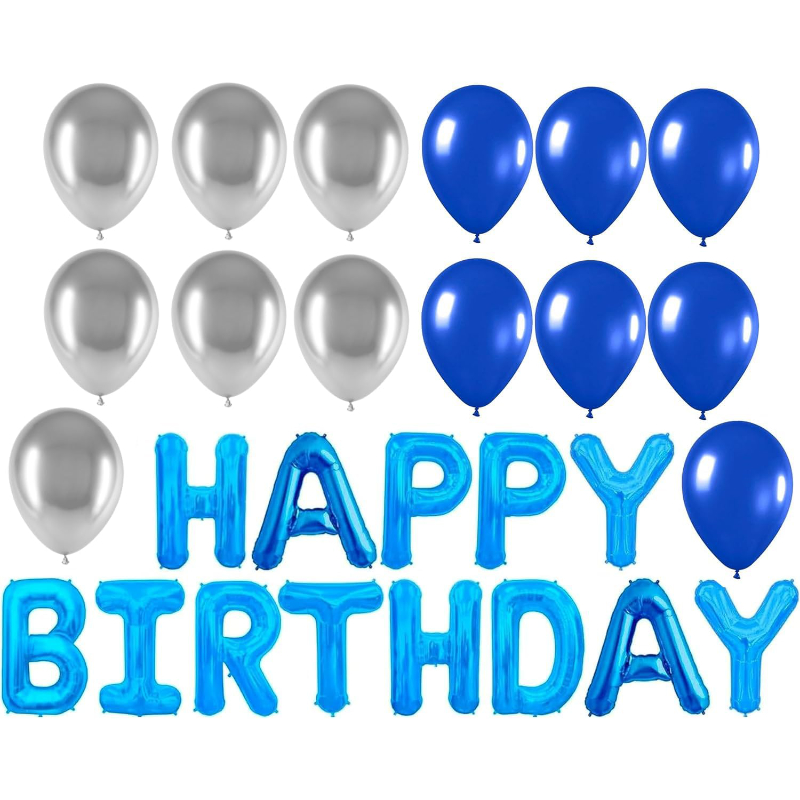 Blue Happy Birthday Balloon Pack - 1 x 41cm (16") Happy Birthday Balloon Banner & 30 x 31cm (12") Latex Balloons - Party Decorations