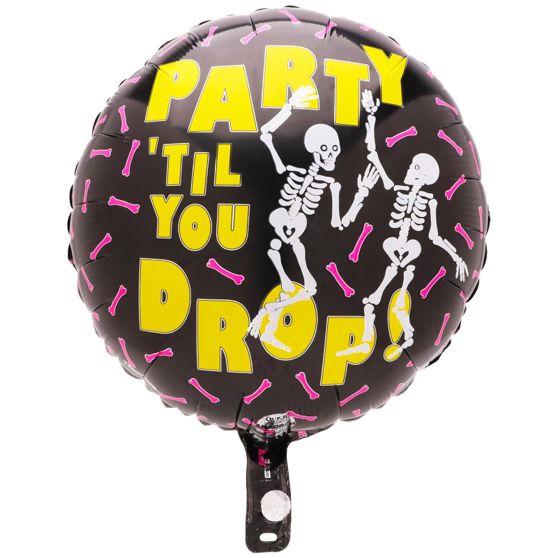46cm (18") 'Party Til You Drop' Skeleton Round Foil Helium Balloon - Halloween Party Decorations