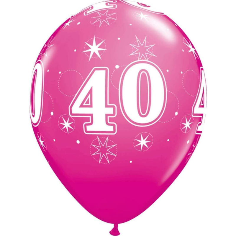 Pack of 6 - 28cm (11") Pink 40th Latex Balloons With Stars - Birthday Party Decorations