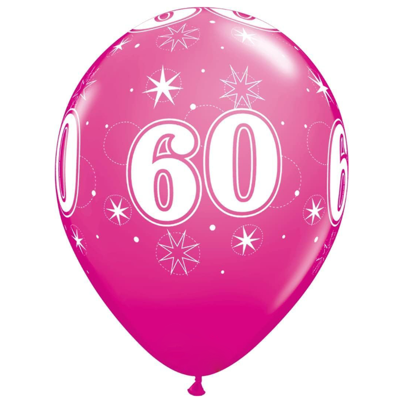 Pack of 6 - 28cm (11") Pink 60th Latex Balloons With Stars - Birthday Party Decorations