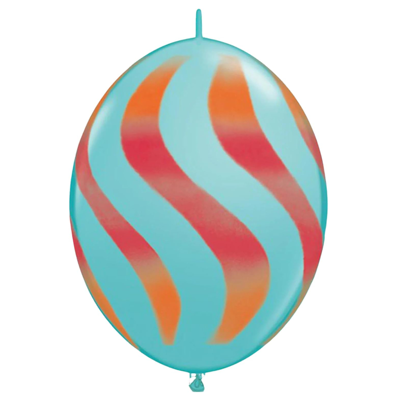 Pack of 50 - 31cm (12") Blue Latex Balloons With Pink & Orange Wavy Stripes - Celebration & Party Decorations