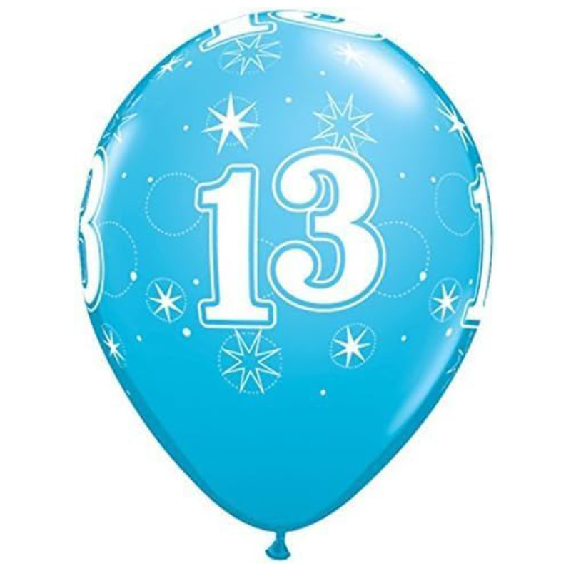 Pack of 6- 28cm (11") Blue 13th Latex Balloons With Stars - Birthday Party Decorations