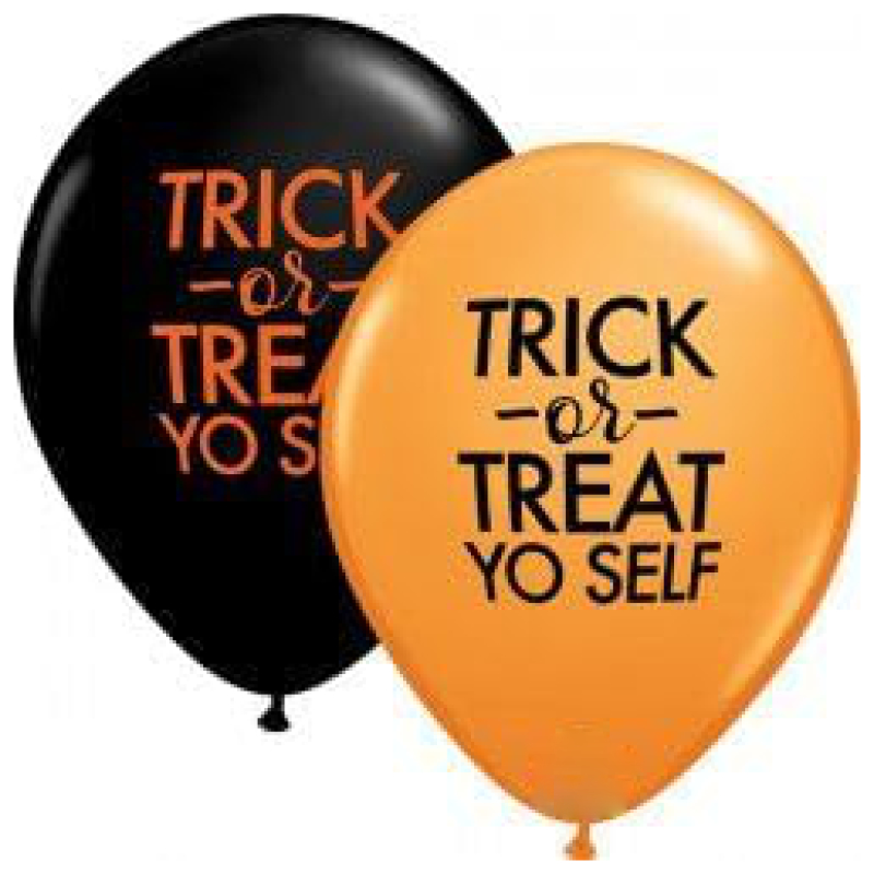 Pack of 25 - 28cm (11") Orange & Black 'Trick Or Treat Yo Self' Latex Balloons - Halloween Party Decorations