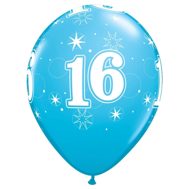Pack of 6 - 28cm (11") Blue 16th Latex Balloons With Stars - Birthday Party Decorations