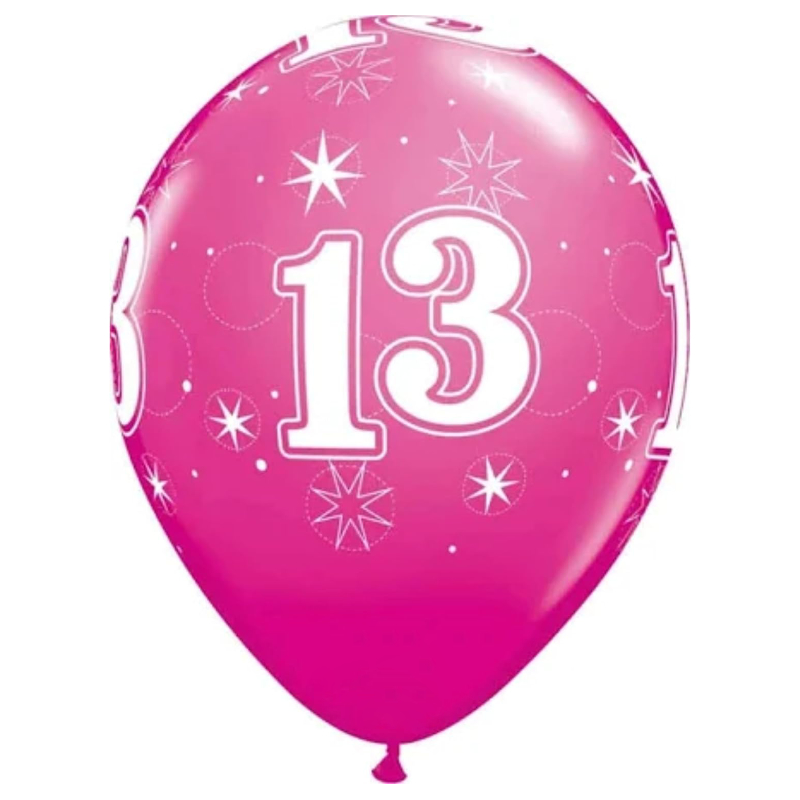 Pack of 6 - 28cm (11") Pink 13th Latex Balloons With Stars - Birthday Party Decorations