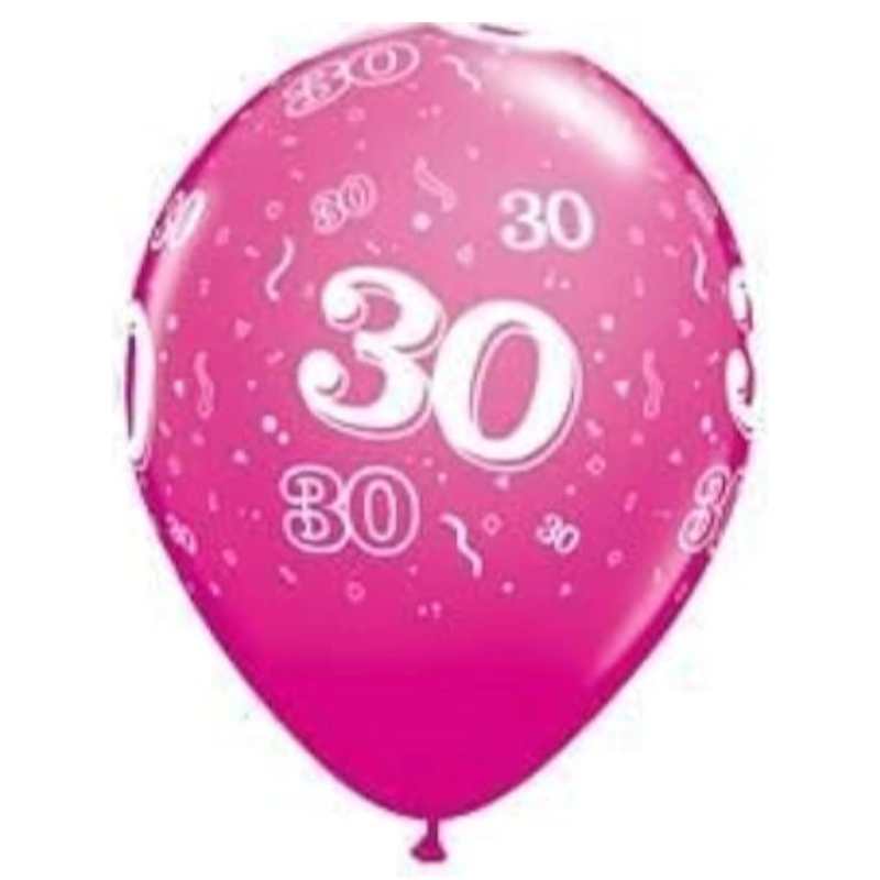 Pack of 6 - 28cm (11") Pink 30th Latex Balloons - Birthday Party Decorations