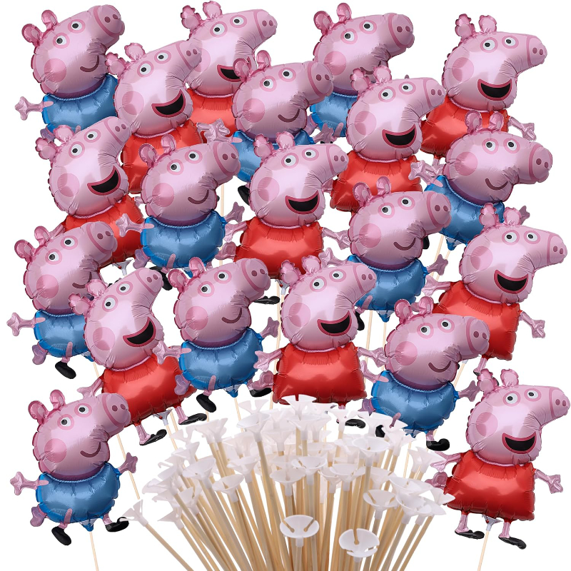 Pack Of 20 - Peppa & George Pig Ready Inflated Mini Character Balloons - Sticks And Cups Included - Birthday Party Decorations