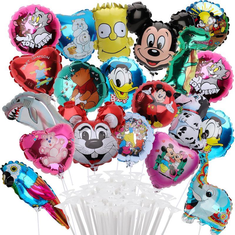 Pack Of 20 Assorted Mini Character Balloons - Sticks And Cups Included - Birthday Party Decorations