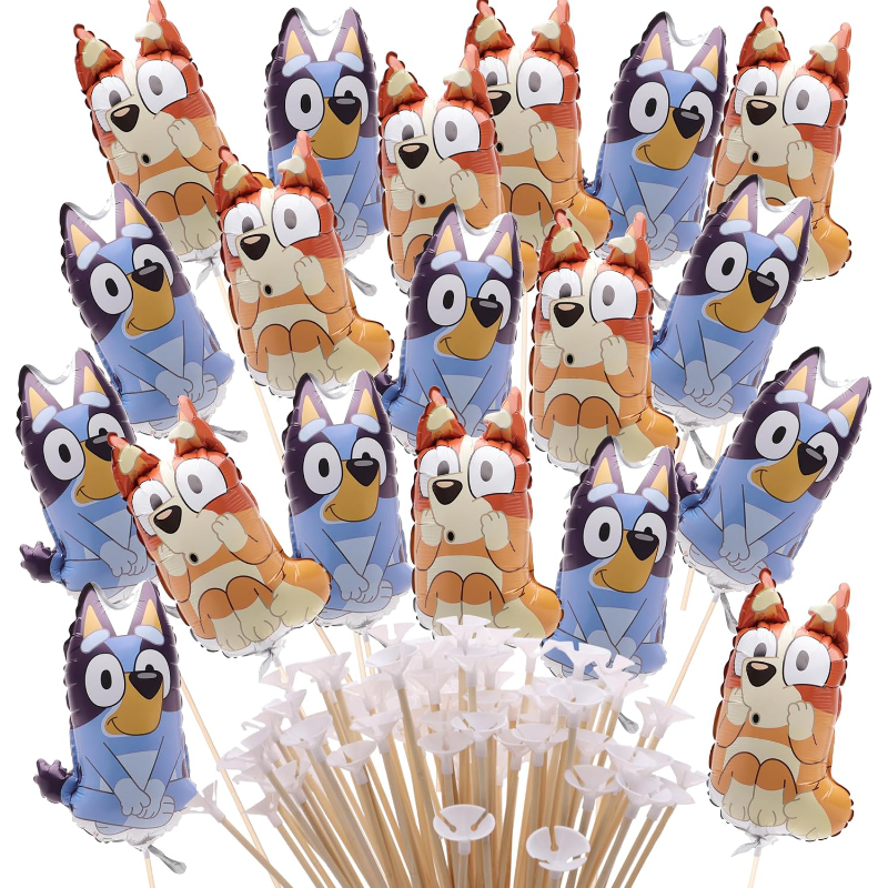 Pack of 20 - Bluey & Bingo Mini Character Balloons - Reusable Sticks and Cups Included