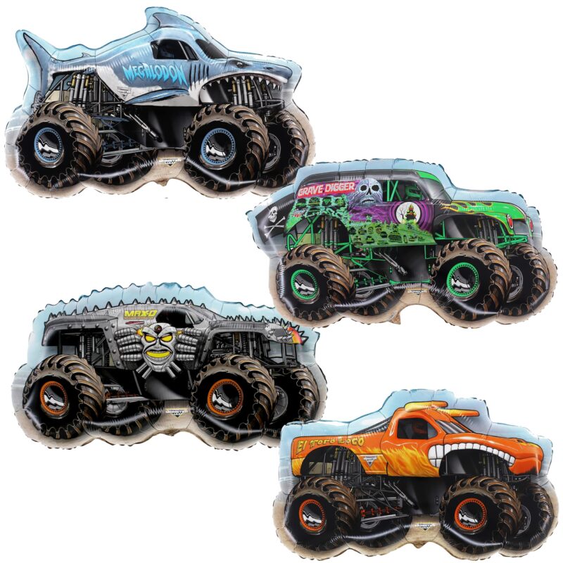 Toyland® Pack Of 4 Monster Jam Truck Foil Balloons - Grave Digger, El Toro Loco, Max D & Megalodon Shaped Character Balloons