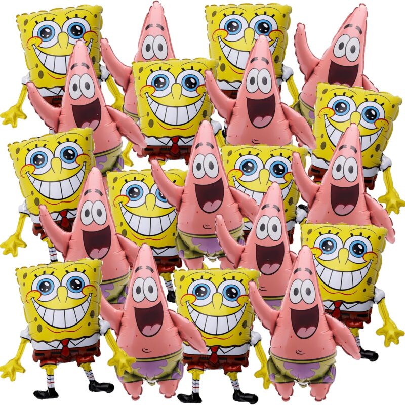 Pack Of 20-37cm (15") Spongebob Squarepants & Patrick Star Mini Balloons - Sticks & Cups Included - Birthday Party Decorations