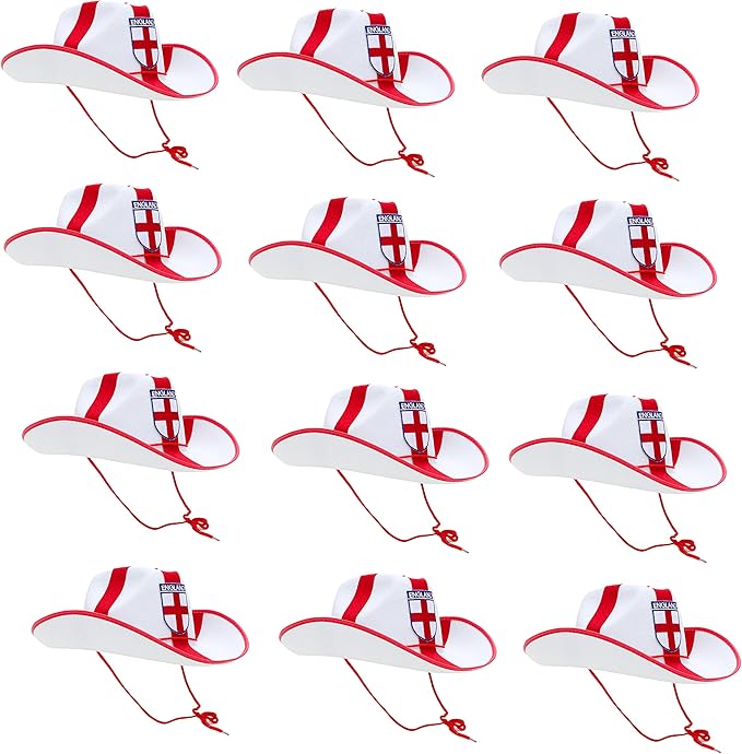 26cm (10") Pack of 12 - St George's England Cowboy Hats - Euro & World Cup Celebrations - England Sports Tournamemts - English Party Decorations