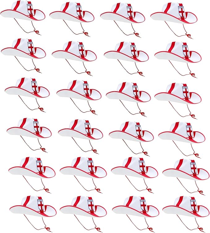26cm (10") Pack of 24 - St George's England Cowboy Hats - Euro & World Cup Celebrations - England Sports Tournamemts - English Party Decorations
