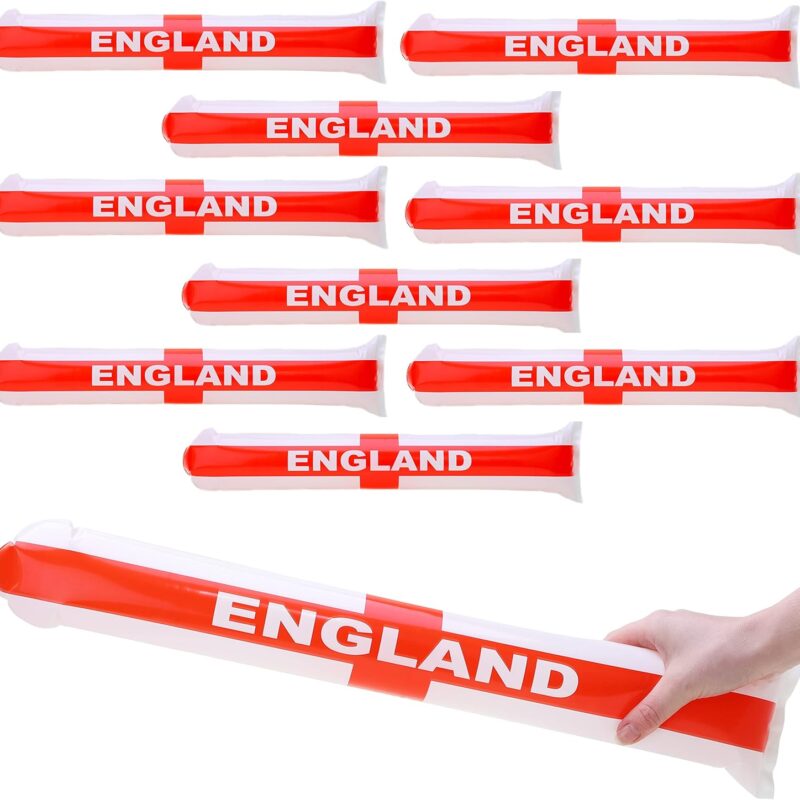 Pack Of 10 Inflatable England Flag Bang Bang Bats/Sticks - St George's Day World Cup & Euros - English Party Decorations