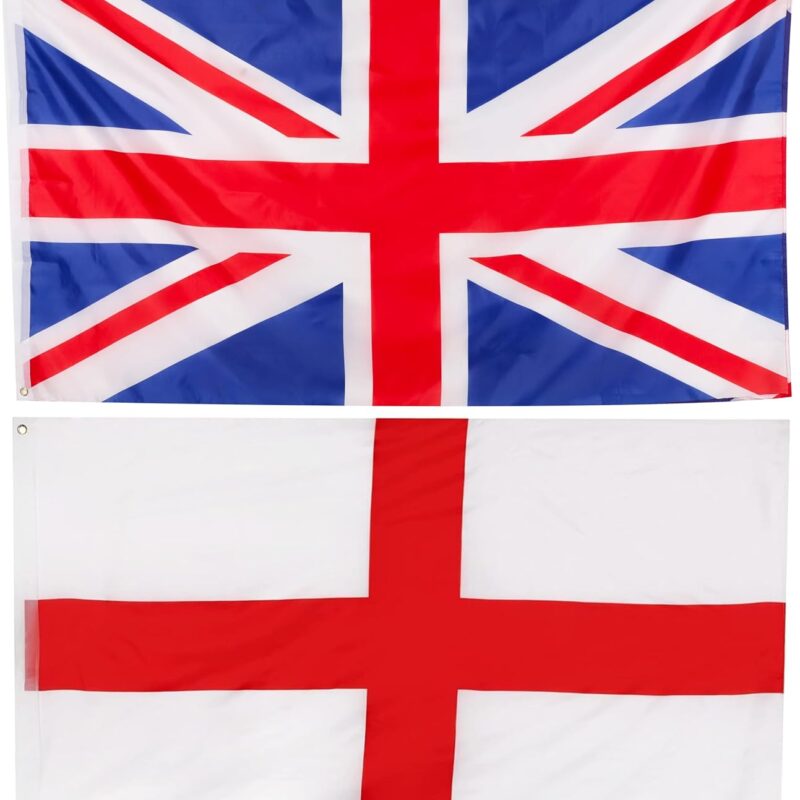 2 Piece 5ft x 3.3ft (152cm x 101cm) Large St George England & British Union Jack Flag - Perfect For English Celebrations - Party Decorations - World Cup & Euros