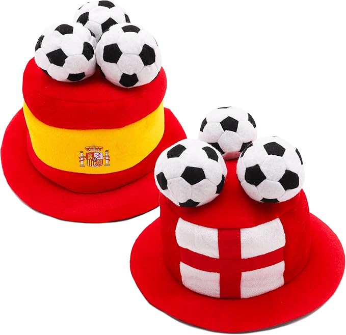 Novelty Football Fan Top Hats With 3D Footballs - 1 x England & 1 x Spain - One Size 31cm x 22cm (12" x 9") - St George's, Euros & World Cup - English Party Decorations