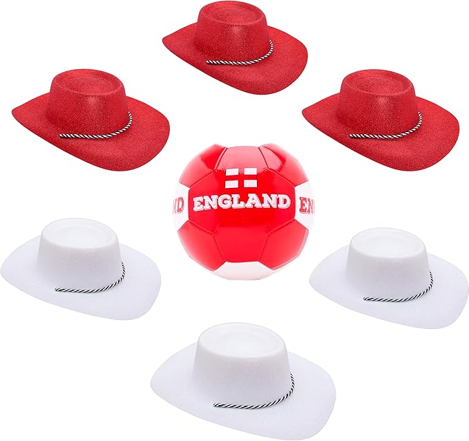 England Themed Football Bundle - 1 x Football (8lbs/Size 5) & 6 Glitter Cowboy Hats - 3 Red & 3 White (34cm/13") - St George's, Euros & World Cup