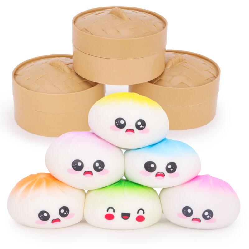 Toyland® Colour Top Squishy Bao Dumpling Sensory Fidget Toy with Plastic Steamer Box - Squeeze Toys for Kids - Ages 3+