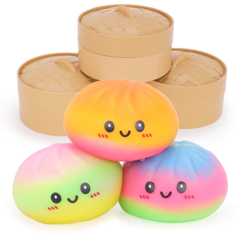 Toyland® Tie Dye Squishy Bao Dumpling Sensory Fidget Toy with Plastic Steamer Box - Squeeze Toys for Kids - Ages 3+