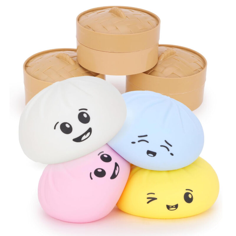 Toyland® Squishy Bao Dumpling Sensory Fidget Toy with Plastic Steamer Box - Squeeze Toys for Kids - Ages 3+