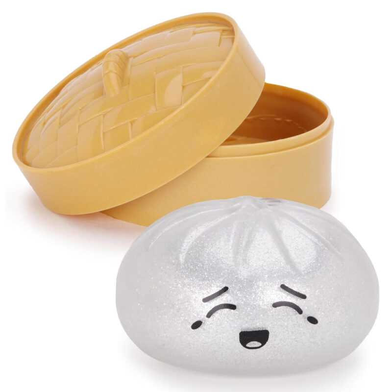 Toyland® Metallic Silver Dumpling Sensory Fidget Toy with Plastic Steamer Box - Squeeze Toys for Kids - Ages 3+
