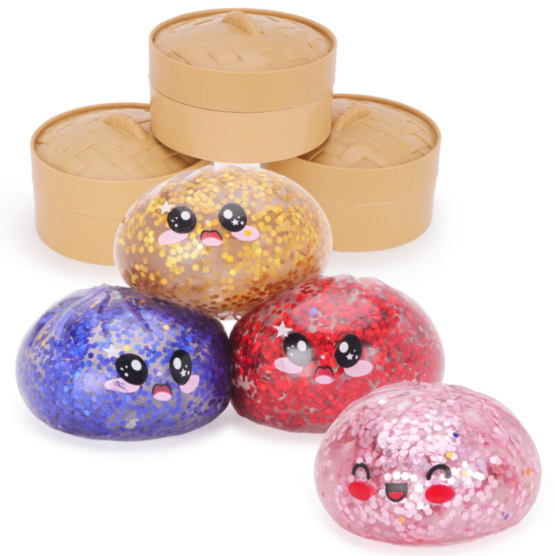 Toyland® Mystery Glitter Squishy Bao Dumpling Sensory Fidget Toy with Plastic Steamer Box - Squeeze Toys for Kids - Ages 3+