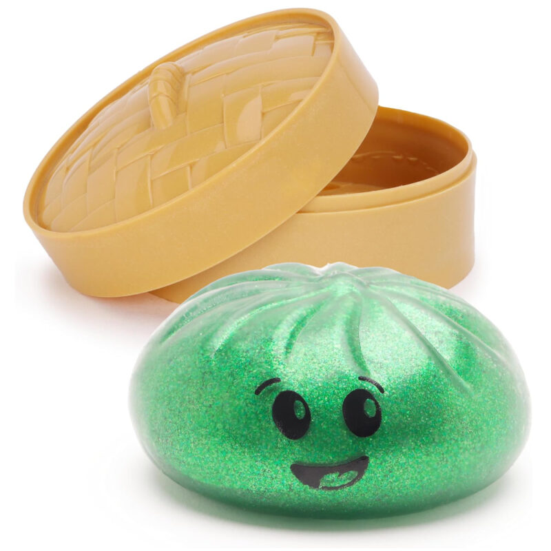 Toyland® Shiny Green Squishy Bao Dumpling Sensory Fidget Toy with Plastic Steamer Box - Squeeze Toys for Kids - Ages 3+