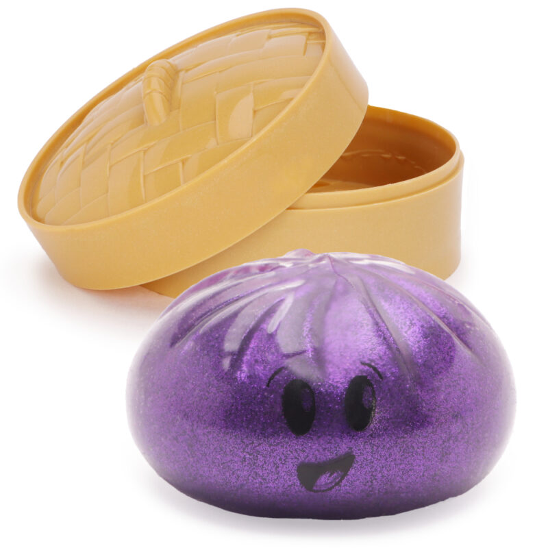 Toyland® Shiny Purple Squishy Bao Dumpling Sensory Fidget Toy with Plastic Steamer Box - Squeeze Toys for Kids - Ages 3+