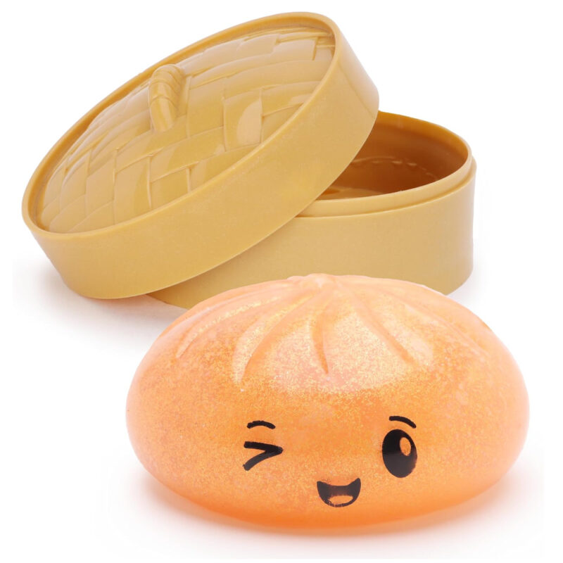 Toyland® Shiny Orange Squishy Bao Dumpling Sensory Fidget Toy with Plastic Steamer Box - Squeeze Toys for Kids - Ages 3+