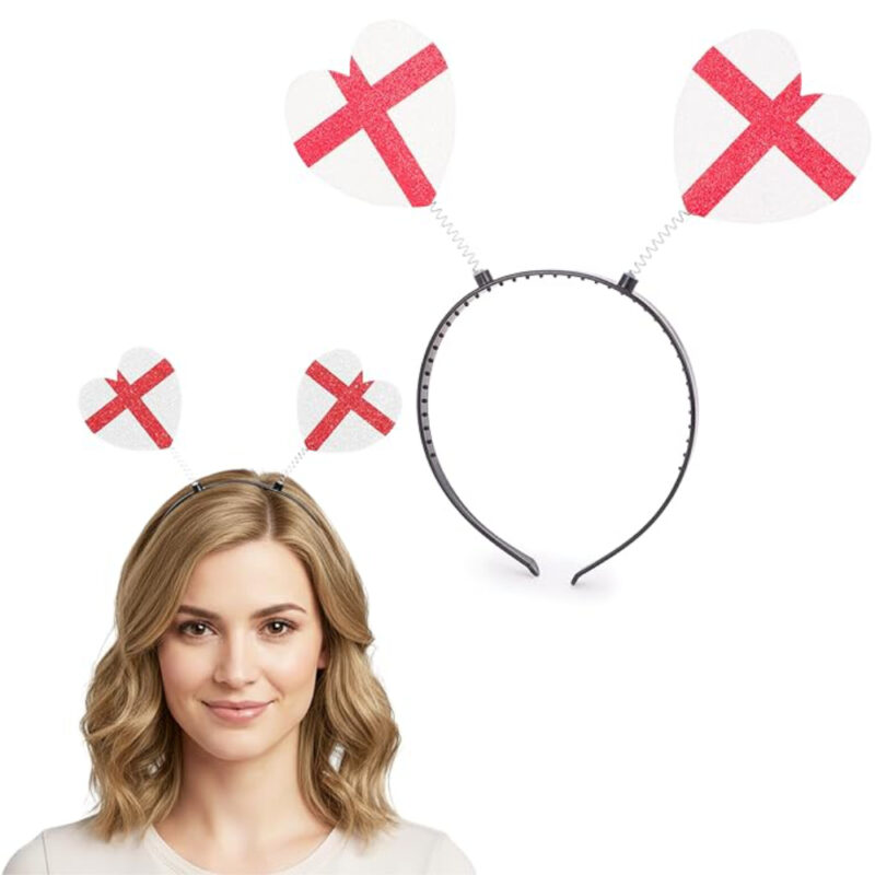 Toyland® England St George's Flag Glitter Heart Headband Boppers - Novelty Headwear - World Cup, Euros & British Patriotic Celebration Party Accessory - One Size